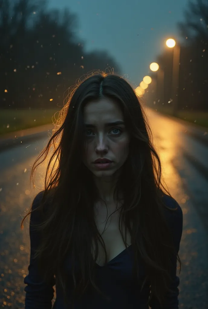 A young woman with long, dark hair,  with an expression of terror , is in the middle of a lonely road at night. Her skin is pale with fear and her eyes reflect the light from the headlights of a car that is approaching at full speed.  The pavement is wet ,...