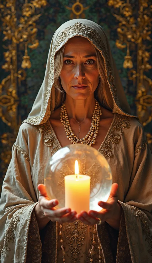 A woman about 50 years old with wise and expressive eyes, dressed in an elegant traditional tunic adorned with intricate embroidery. She wears a matching hooded veil and multiple pearl necklaces.  on your hands, holds a large crystal ball containing a burn...