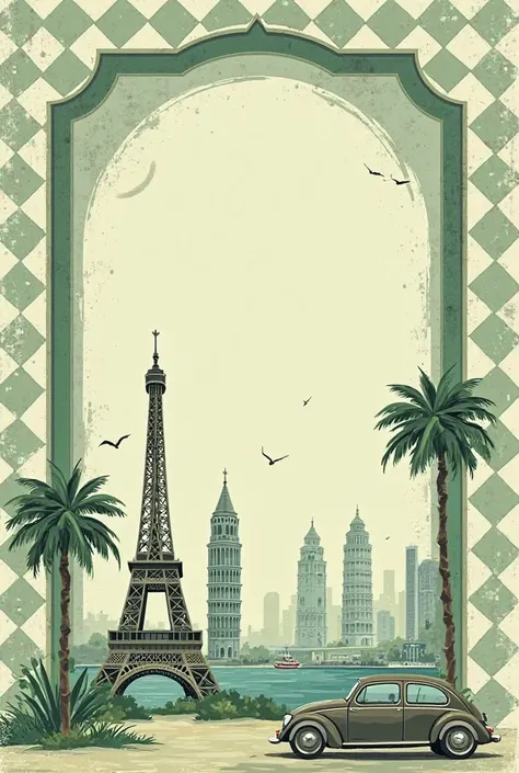 I want to create a vintage-style image with a green and white checkerboard frame. Inside the frame, there should be a cartoon-style depiction of the Eiffel Tower in France, the Petronas Twin Towers in Kuala Lumpur, and the Leaning Tower of Pisa in Italy. T...