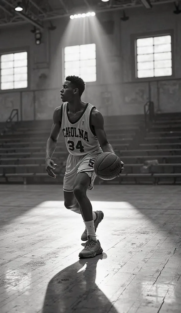 A black-and-white photograph capturing a young basketball player training alone on an empty, weathered court at the University of North Carolina. The scene exudes a vintage ambiance, with the hardwood floor scuffed and faded from years of use, its grainy t...