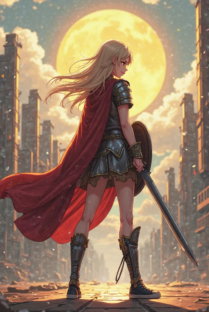 Girl with slightly big boobs dressed in ancient Roman armor holding a shield and an angry and focused sword and black convers on her feet against the background of a futuristic city in the daytime with the anime-style sun