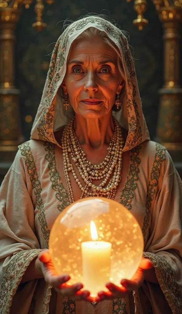 A woman in her 60s with wise and expressive eyes, dressed in an elegant traditional tunic adorned with intricate embroidery. She wears a matching hooded veil and multiple pearl necklaces.  on your hands, holds a large crystal ball containing a burning cand...