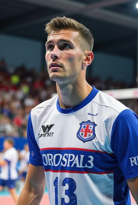 Realistic portrait of Polish volleyball player Kamil Świercz, rozgrywającego drużyny Prosport Marmax Czudec. He has short, dark hair and athletic body. Dressed in a club outfit in white and blue colors, with visible club logo on shirt. In the background th...