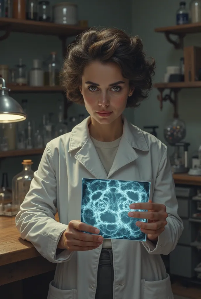 Rosalind Franklin is in a laboratory,looking at an X-ray image (The famous photo 51)