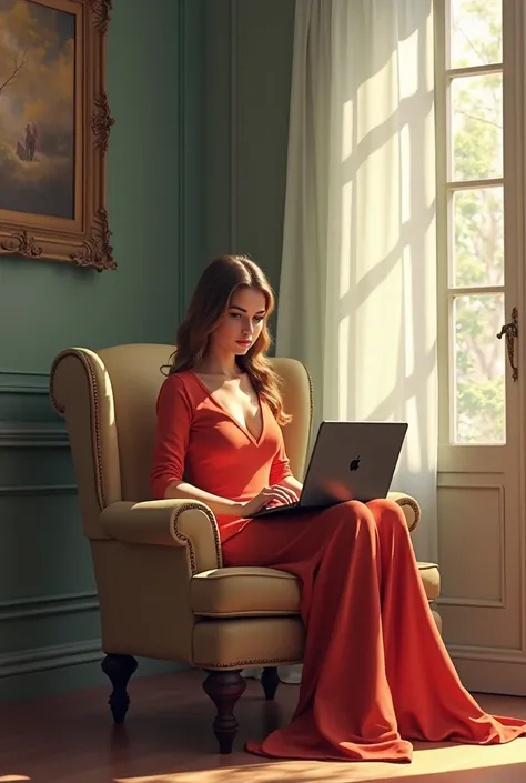 There's a woman sitting in a chair with a laptop, realistic digital art 4k, realistic digital art 4k, beautiful digital artwork,  Realistic digital illustration , elegant digital painting,  digital art of an elegant person ,   in digital illustration style...