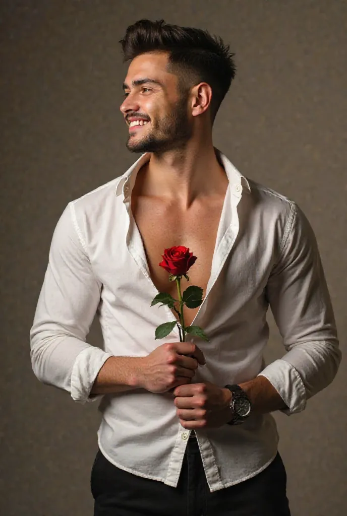 "A stylish and charismatic young man holding a rose in his hand with a smile. Wearing an elegant unbuttoned, shirt that emphasizes his athletic physique. warm, , he creates an atmosphere of comfort and tenderness."