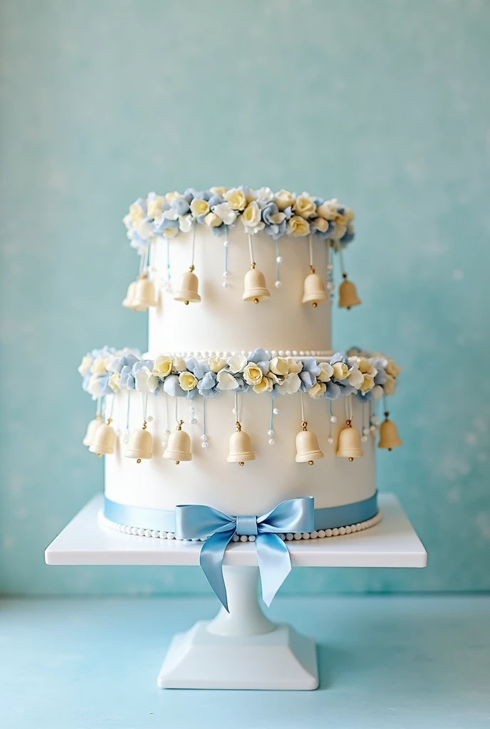 A two-tier wedding cake with a smooth white fondant finish, elegantly decorated with gold bell-shaped cookies hanging from delicate light blue ribbons. The bells are arranged in a garland-like pattern, draping gracefully around the cake. The base of the ca...