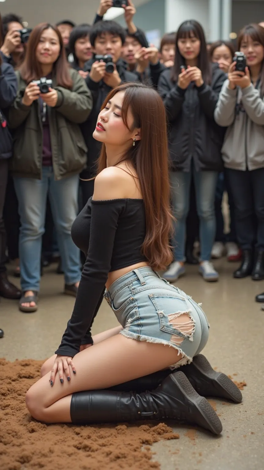 multiple fans take pictures with cameras,angle from butt,full body,(Excited fans),((20-year-old Japanese woman spills large amounts of poop in shorts)),( sits on the floor),a 20-year-old Japanese woman crying after leaking a large amount of poop,large amou...