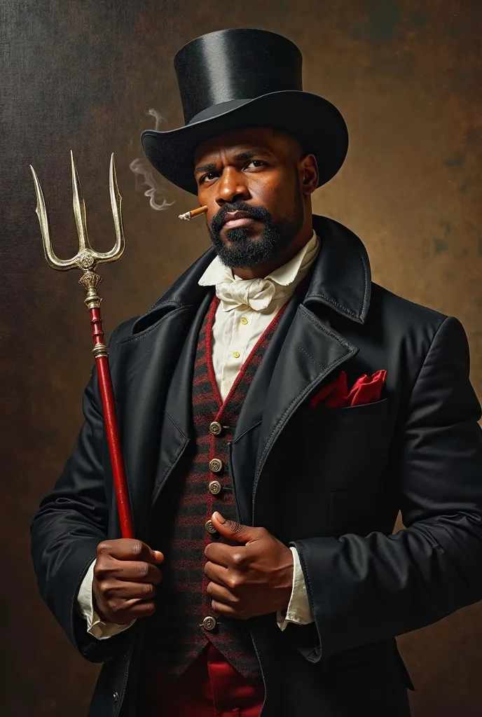 (photorealism:1.2), black man, (mustache and goatee), strong and virile, (((18th century))), ((cover and top hat )), (((Hold a trident ))), ((cigar in mouth)) ((costumes in the colors black, white and details in red))