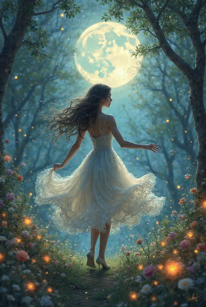    A woman in a flowing, ethereal dress, dancing under the light of the full moon in an enchanted forest, surrounded by fireflies and bright flowers.