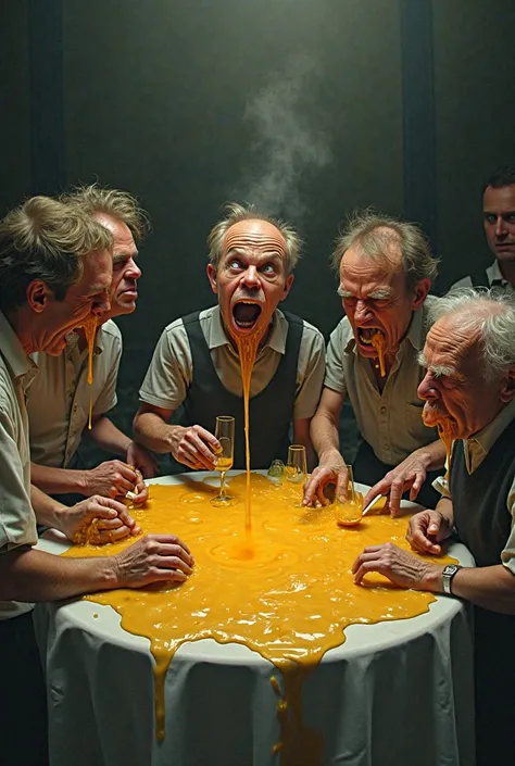 Drunk people, Vomiting Honey on a table , While holding a cigarette