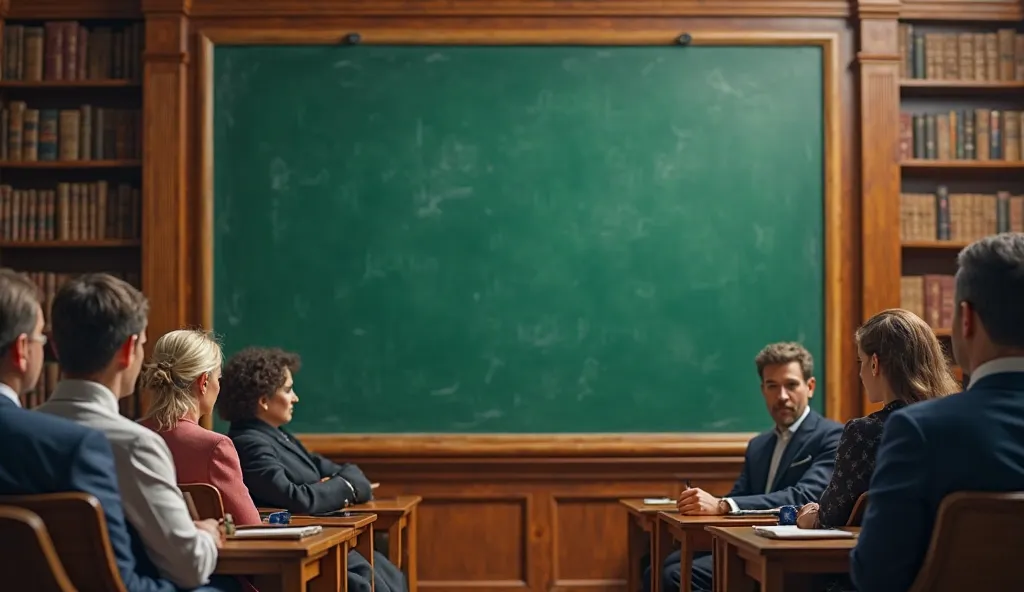 classroom full of elegant people with a green blackboard. The blackboard should be completely free