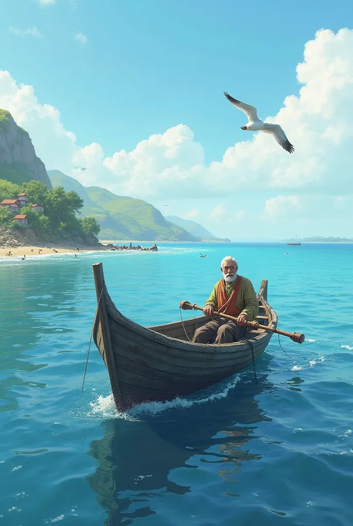 Once upon a time, in a small coastal village, there lived a humble fisherman named Sam. Old man Every day, he would row his boat out into the deep blue sea,  