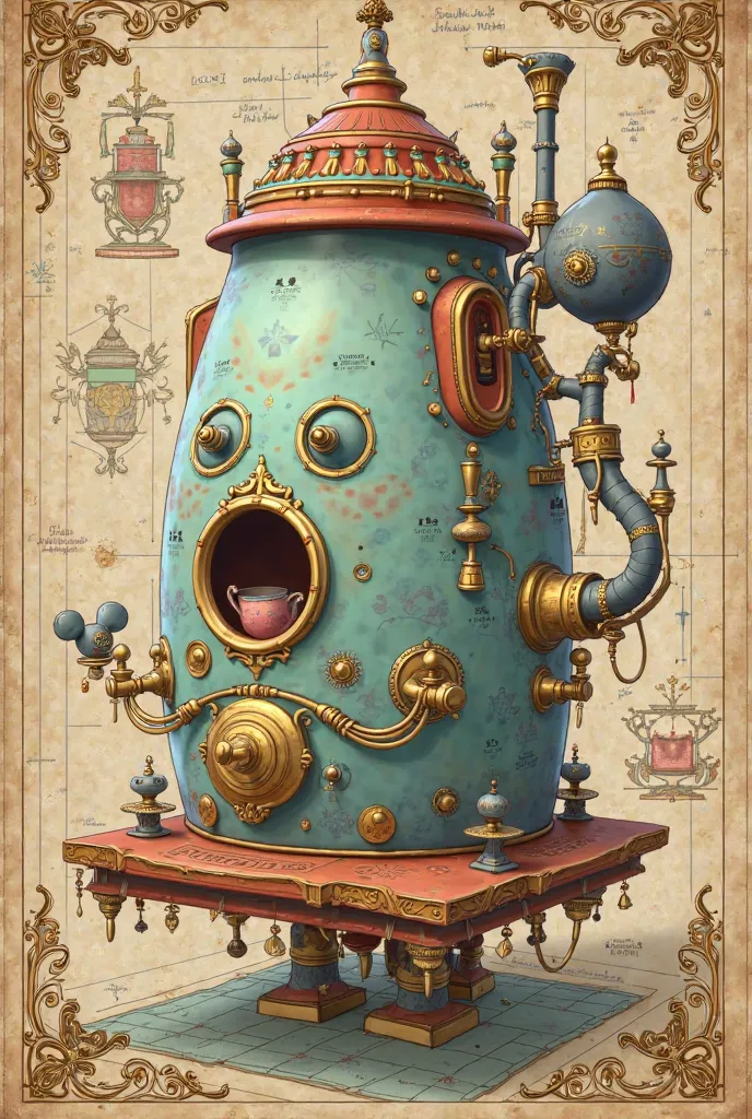 Tea machine blue prints and separate the final product but make like a disney theme