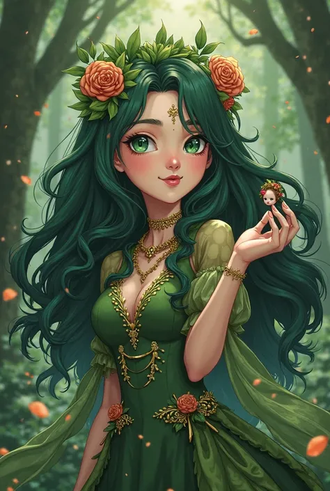 Örnek Prompt (Midjourney için):

Anime forest queen, 20s, long wavy dark green hair with flowers, big emerald green eyes, fair skin, dress made of leaves and flowers, holding a tiny person in her hand, confident and mocking expression, mysterious forest ba...