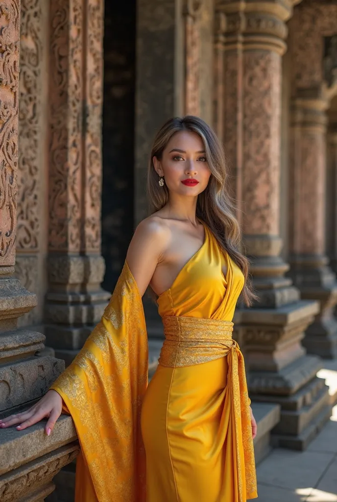 A beautiful Thai woman with long brown hair and grey highlights, red lips, stands gracefully in front of the ancient temple of Banteay Srei, looking at the camera. She wears a form-fitting bright yellow silk satin dress that accentuates her slim figure, an...