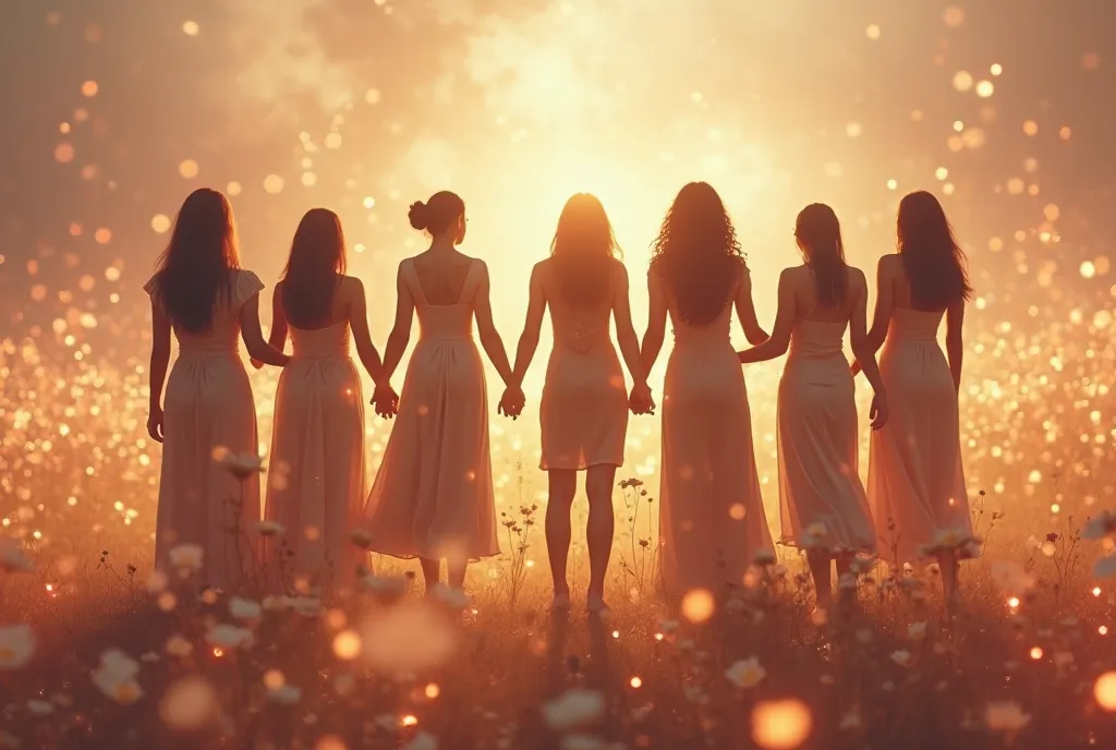 A faceless group of diverse women standing together in an artistic and dreamlike setting. They hold hands or lift each other, symbolizing unity, empowerment, and support. The background is filled with soft glowing lights and abstract floral elements, creat...