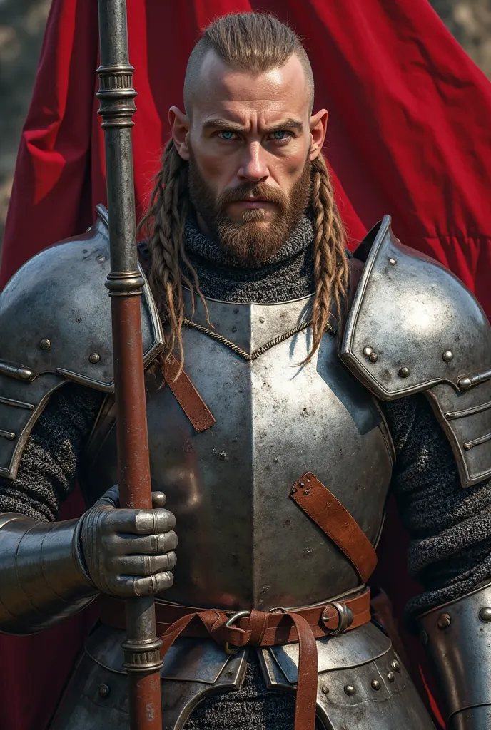 Create an ultra realistic image of a medieval knight holding a flag, the flag must appear in full and must be red, he must be wearing armor with leather details, he has blue eyes, Bald and with a goatee with vinking-style braids