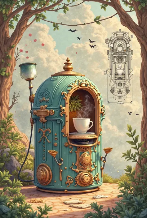 Tea machine blue prints and the final product disney theme but not any kind of form of character 