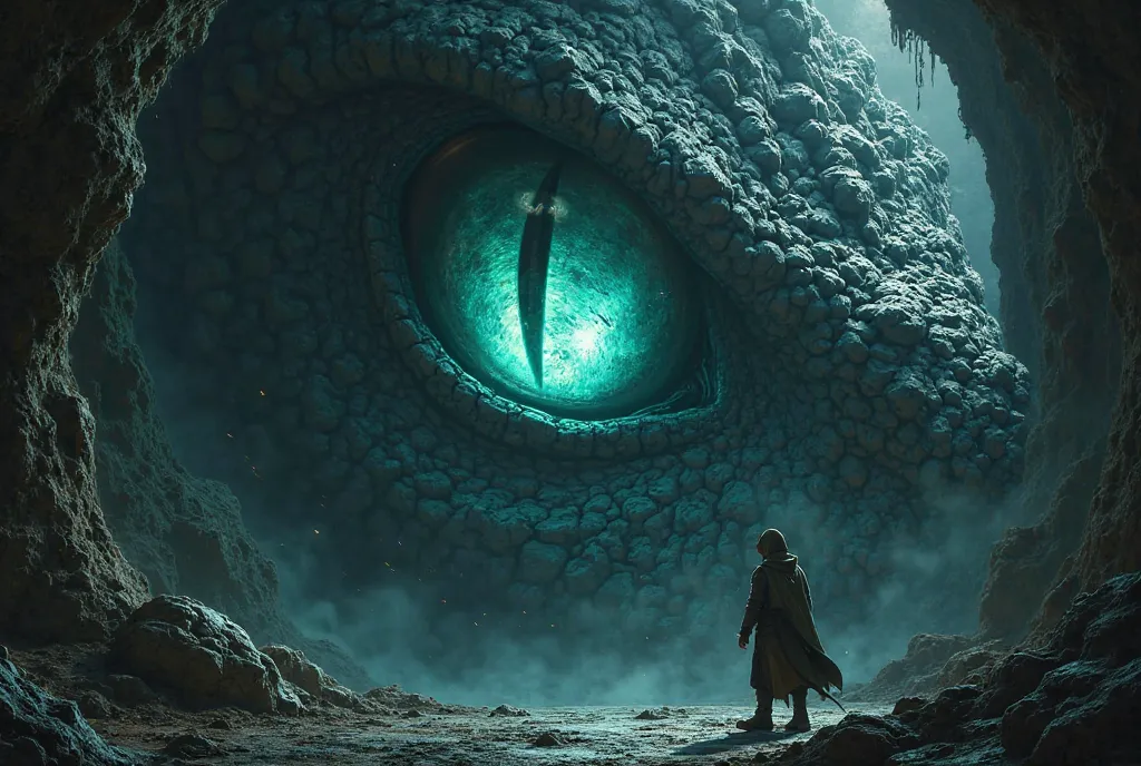 The image captures a tense moment when a stealthy thief from the hero's inadvertently locks eyes with a colossal dragon in its cavernous lair. The thief's terrified face barely peeking into the frame is dwarfed by the massive, glowing eye of the beast, rad...