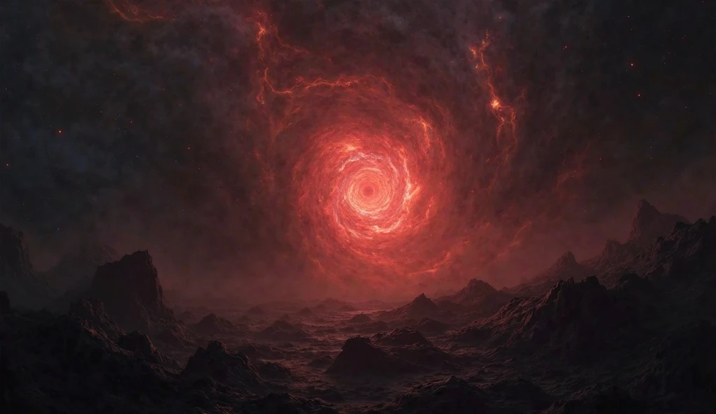 A futuristic visualization of the Cosmic Dark Age, showing a time before stars ignited, with a dim red glow hinting at the future birth of light