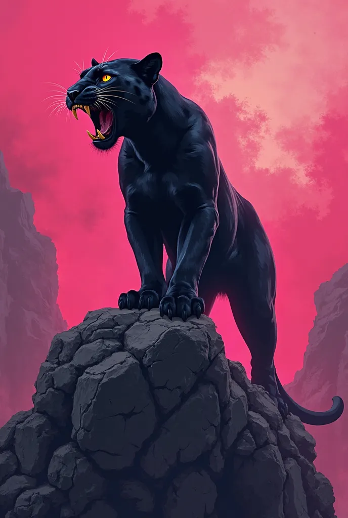 Black Panther, is standing on a rock and has an open mouth full of Fang. Behind him is a pink background 