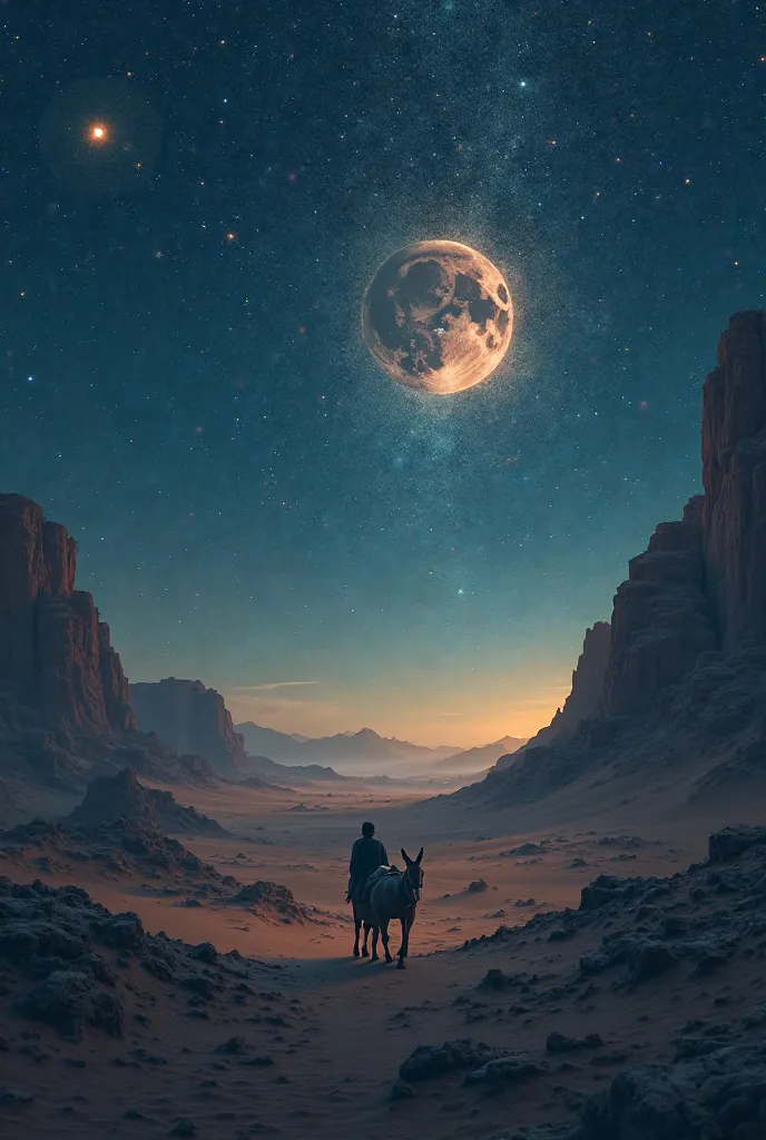 Make me an image of a desert at night illuminated by the most beautiful star of all, In the distance you can see a man and a donkey moving away from the place