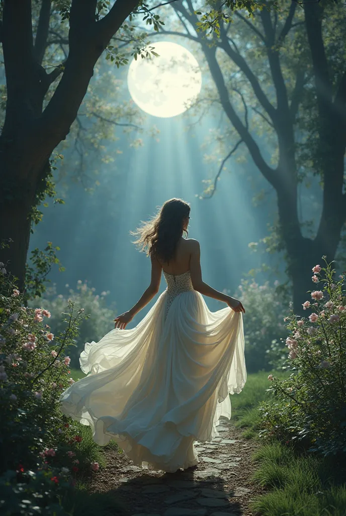    A woman in a ball gown, dancing alone in a garden at night, with the full moon illuminating her graceful movement and the shadows of the surrounding trees.