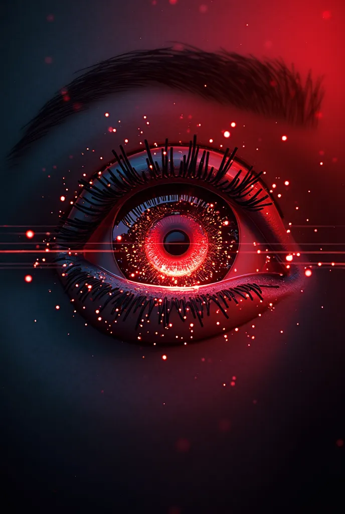 A photorealistic and ultra-detailed futuristic eye with a vivid red iris, embedded with intricate cybernetic details, against a dynamic gradient background transitioning from vibrant red at the center to deep black at the edges. Geometric patterns emerge s...