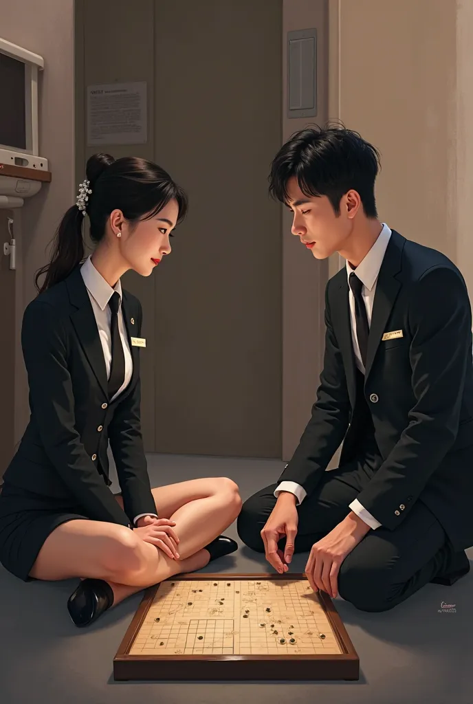 A Korean flight attendant wearing a black suit, a black tie, an ultra-mini skirt, and black high heels, and a name tag, sits on the floor in a lotus position and plays Go with a male passenger