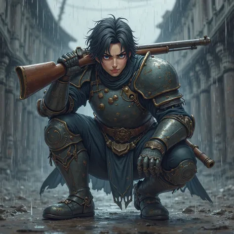 Crouching anime character,armor holding a musket on his shoulder,with very high quality armor,well detailed hair,thick eyebrows,Gloomy colors in the rain