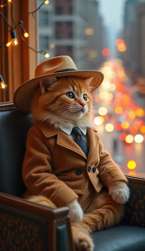 A small light orange kitten with fluffy fur, now wearing a luxuriously tailored suit but still keeping his signature straw hat. The kitten looked out the window at the bustling city lights with a proud, satisfied smile. On the chair next to him, a branded ...