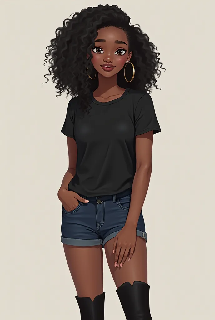  A  girl, has dark skin, has a dark brown eye and the other gray because she has iris heterochromia, semi-thick lips, black and wavy hair that reaches the waist, has wide hips, medium large thighs ,  medium waist , her breasts are a little big. Kameron is ...