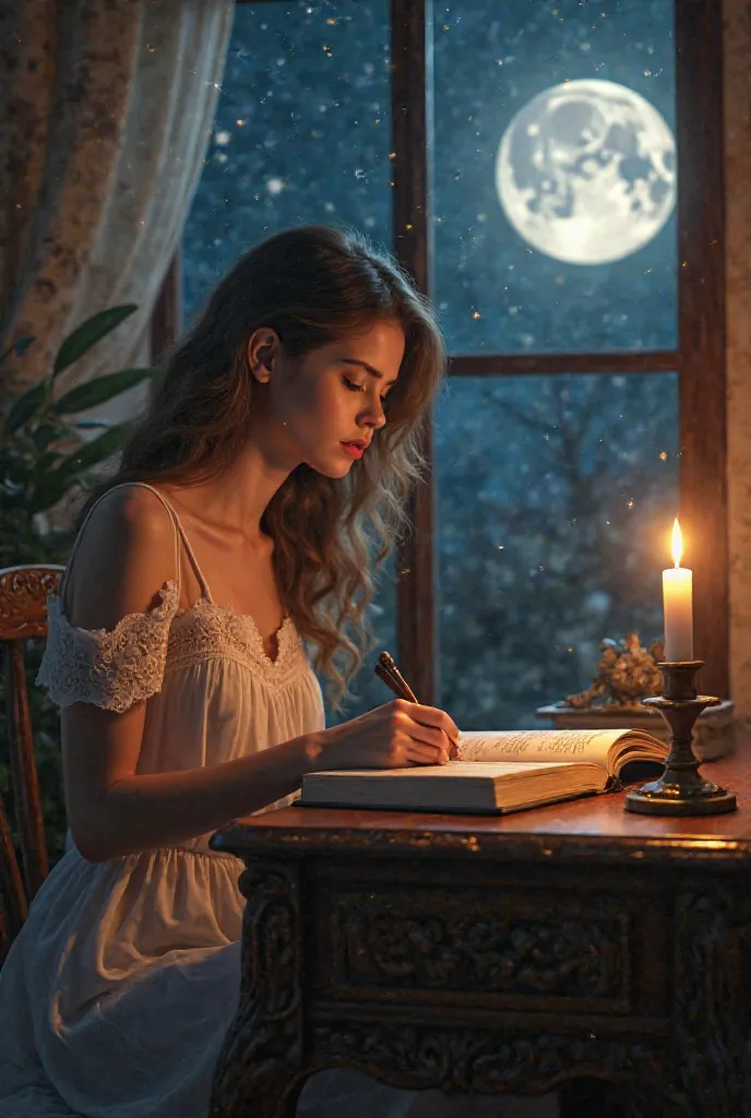    A woman taking notes in her diary at her bedroom desk wearing her dress to sleep, At night, with stars shining in the sky and the full Moon visible through an open window