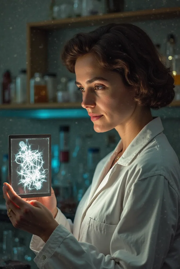 Rosalind Franklin is in a lab, looking at an X-ray image (The famous photo 51).  