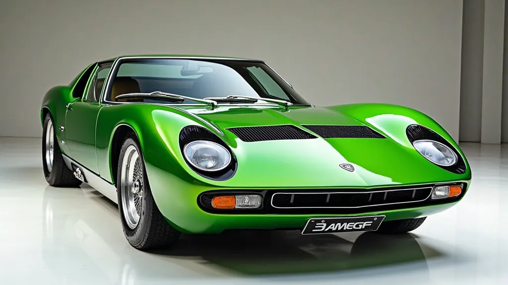 Said view of painted green with shiny clour 2025 (Lamborghini Miura) sleek in large shape sedan in large size with (Lamborghini Miura) logo on its large detailed grille in shiny white clour with angular sporty design captured from close (said) view with mo...