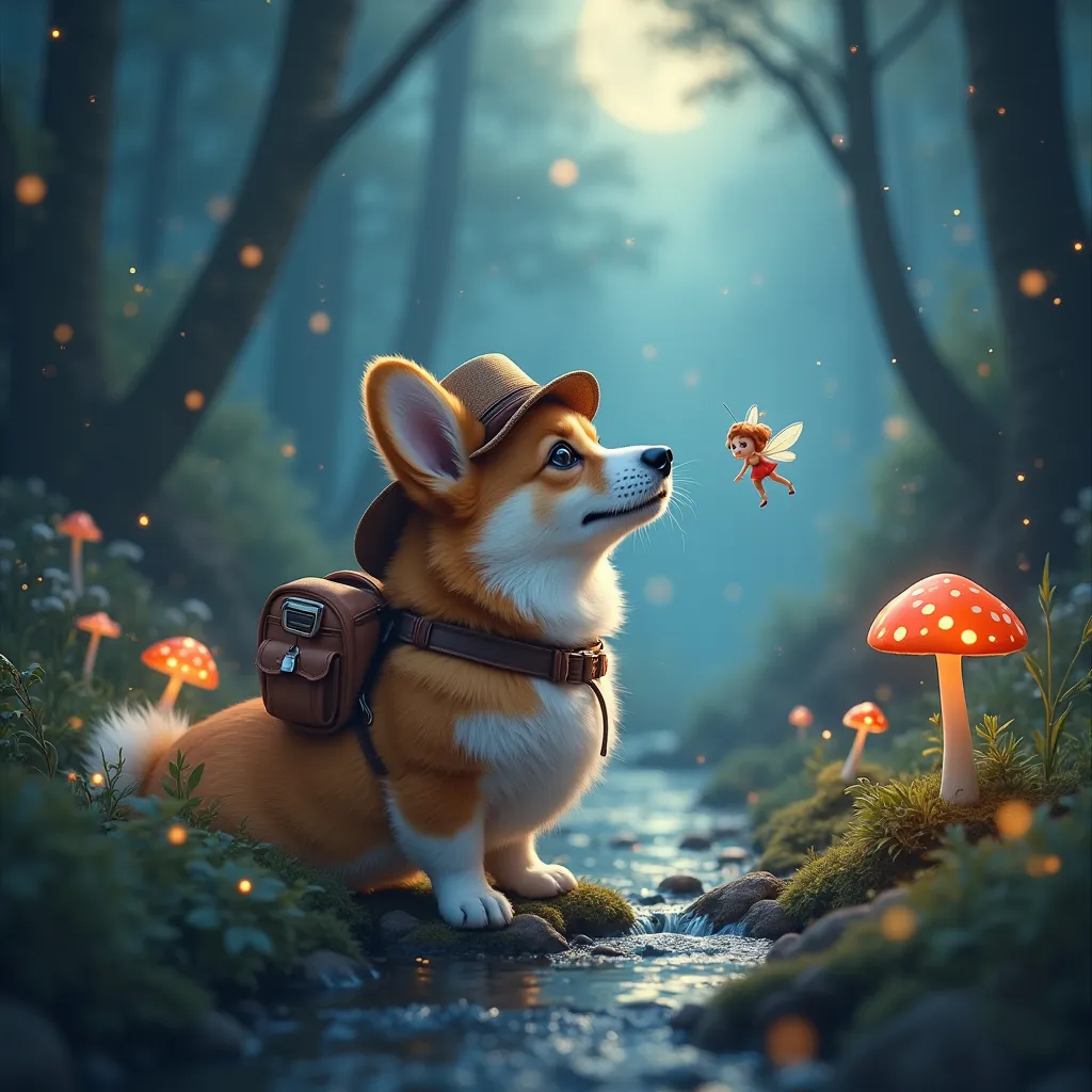 A realistic corgi, "A fluffy corgi, wearing a tiny explorer’s hat and a miniature backpack, stands in an enchanted forest. Glowing mushrooms cast a soft blue light around the misty woods, and fireflies dance in the air. The corgi, full of curiosity, looks ...