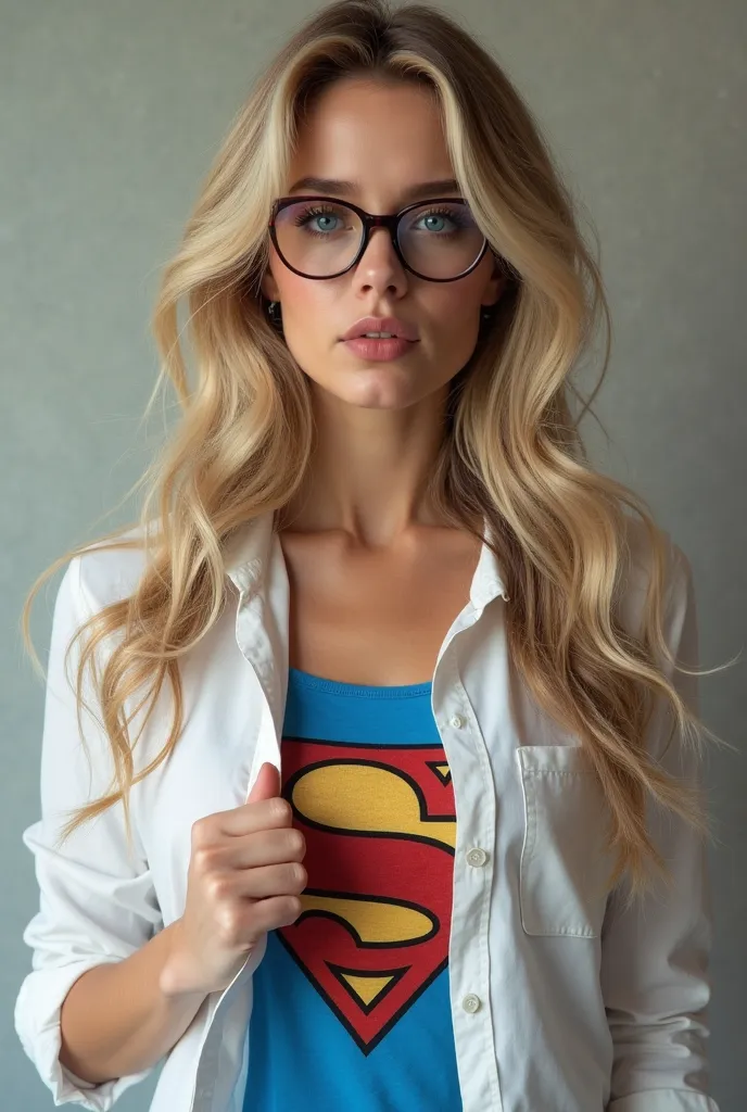 Beautiful English woman.Long blonde wavy haired. Massive breasts. Wearing glasses. Grabbing her blouse,  Pulling open a white blouse to show a classic blue superman t-shirt underneath. Smirking , head cocked. Looking at the viewer over the top of her glass...