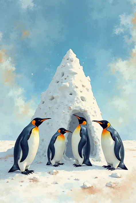 Provocative funny art:A group of penguins trying to build a snow fortress in the middle of the desert: An absurd attempt to create a familiar environment in a completely unsuitable place, a metaphor for the desire for comfort in uncomfortable conditions. a...