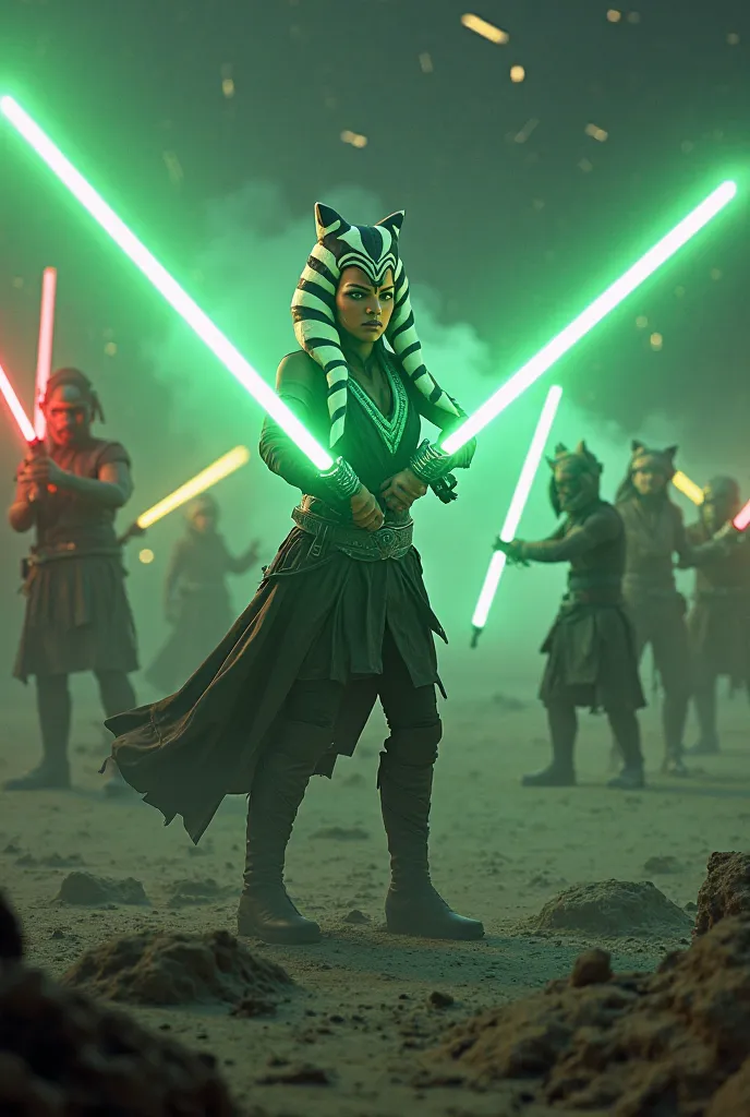 Sexy Azoka Tano with her back fighting the Sith, You must wear green light sabers, at night, Wide angle,  rendered in octane ,  volumetric lighting ,  intricate details, ultra detailed, 3D image, resolution 64K.  photographic style :  Nikon D7500 camera 50...