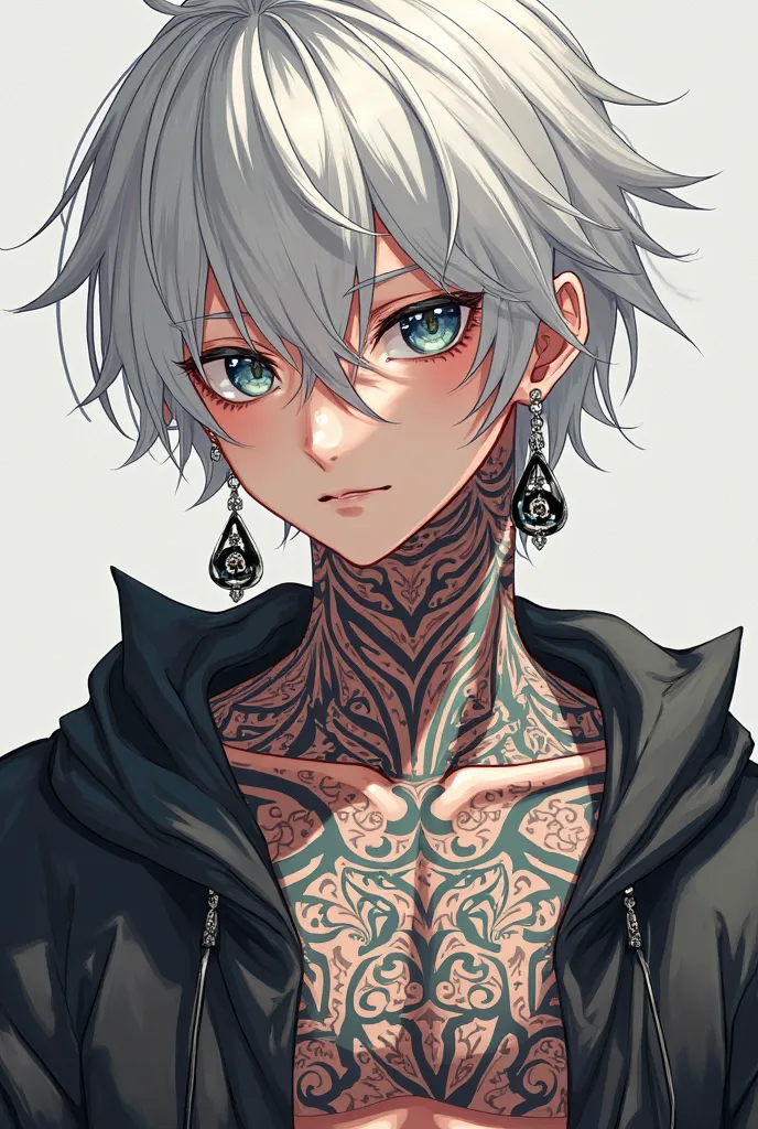 young boy, medium white hair with earrings with lots of tattoos ((anime style)) ((best quality))