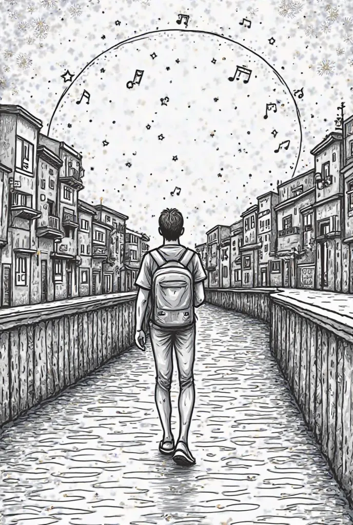 Coloring page about an urban landscape/favela at night with bright lights reflecting on a calm river 
In the background,a solitary figure walking across a bridge lost in thought The expression in the rest of this figure conveys longing and desire as stars ...