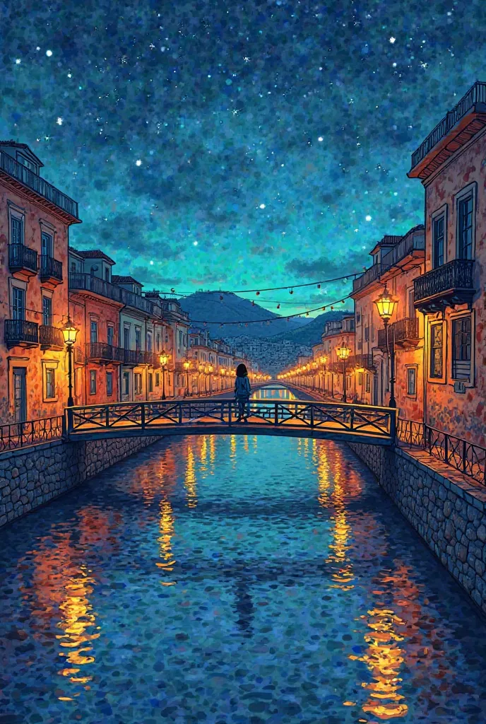 Coloring page about an urban landscape/favela at night with bright lights reflecting on a calm river 
In the background,a solitary figure walking across a bridge lost in thought The expression in the rest of this figure conveys longing and desire as stars ...