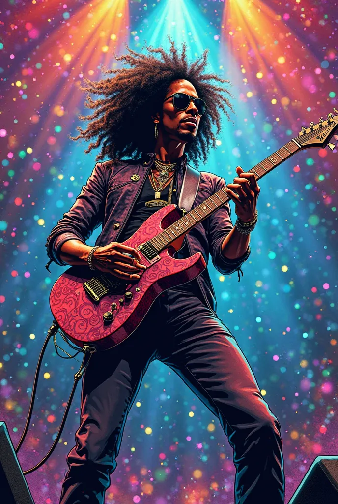 Lenny Kravitz comics type full body with a guitar at a concert with lots of lights and lots of color 
