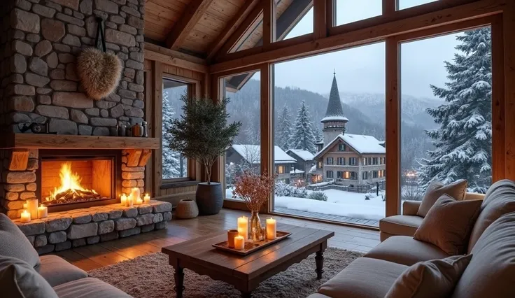 A very beautiful and elegant cozy room of a cabin with a fireplace, Candles and with double or double ceilings. Timber-framed glass walls in a winter mansion, with a view of a beautiful castle on the horizon,  High in the mountains 