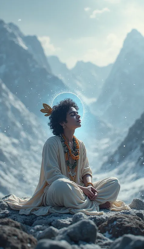 Krishna sitting cross-legged in meditation in the snow-covered Himalayas, a divine aura surrounding him.