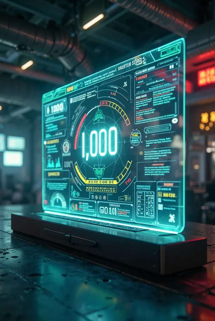 A futuristic digital interface displaying a social credit score system. A sleek, holographic screen shows a numerical score prominently, ranging from 0 to 1000, with color-coded sections: green (excellent), yellow (average), and red (poor). The interface f...