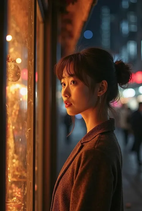 A woman stands in front of a shop window at night, She turns her head at the camera and smiles, It is illuminated by the shop window 