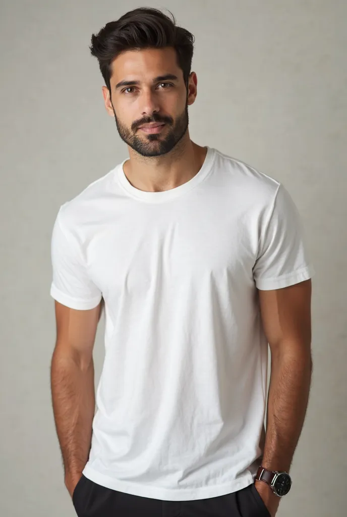 man t-shirt white wearing black watch with brown leather
