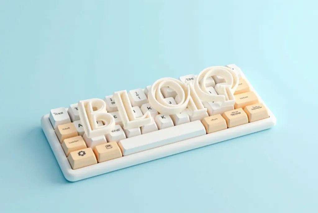 A 3D-rendered minimalist keyboard with a few oversized keys arranged to spell 'BLOG' in capital letters. The keys are glossy and slightly raised, with a soft pastel color scheme featuring white, beige, and cream tones. The background is a smooth gradient b...